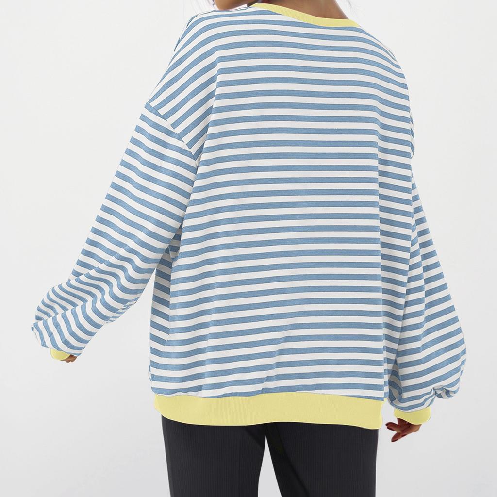 Женская спортивная рубашка в полоску большого размера с длинными рукавами и круглым вырезом, повседневная свободная рубашка-пуловер, топ