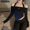 Korean Style Solid Slash Neck Tops Girl's Irregular Long Sleeve Hollow Out Halter Slim Shirts Streetwear