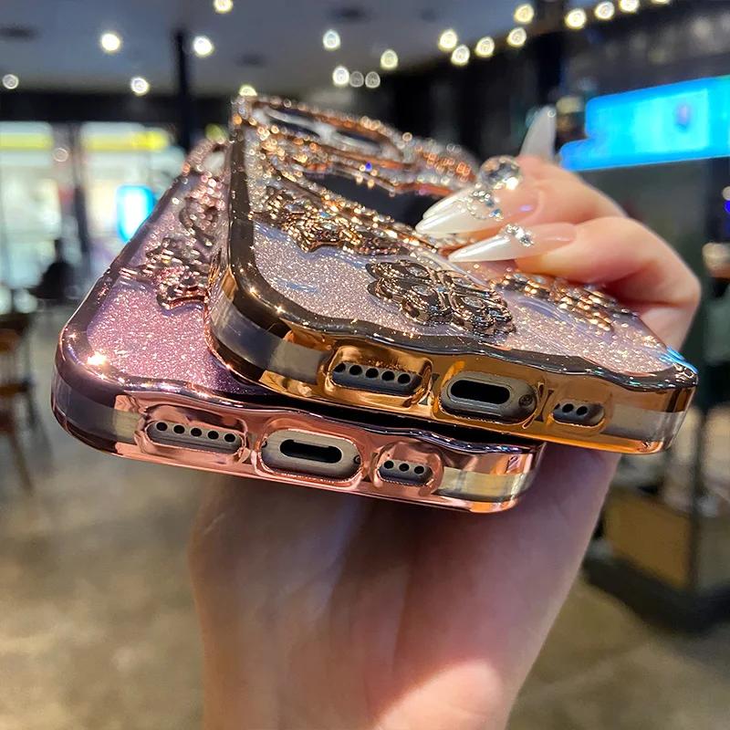 Роскошный Электроplated Чехол-бабочка с Блестками и Алмазами для IPhone 17 16 15 14 13 12 Pro Max Прозрачный Чехол с Зеркалом для Макияжа в Форме Сердца
