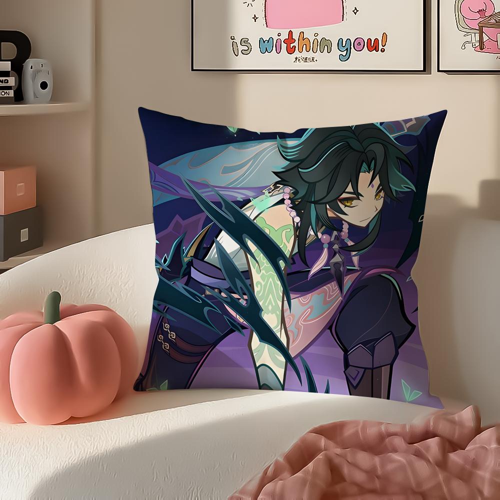 Game Genshin Xiao Cushion Cover Pillowcase Short Plush Invisible zipper Room Sofa Cushion Cover