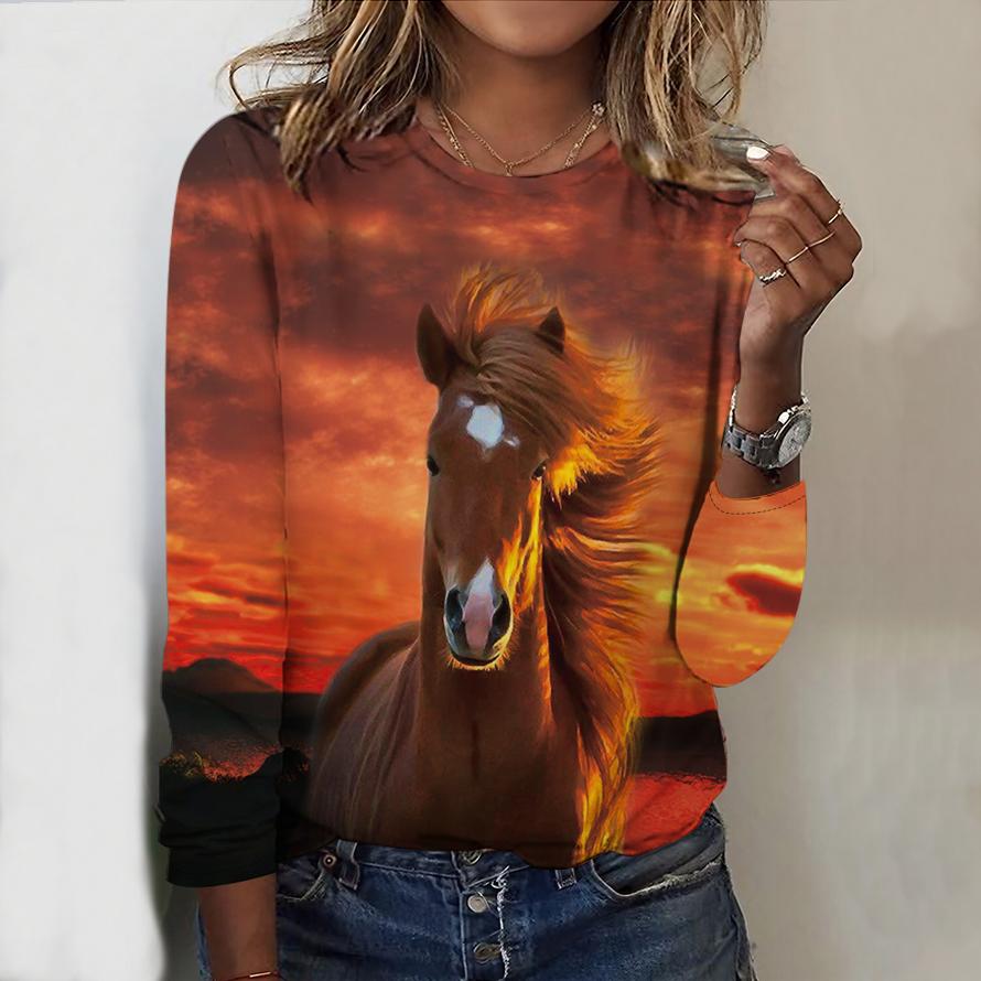 Tops For Women Zebra&Oil Painting Horse Print Round Neck Long Sleeve T-shirt Fall Casual Slim Pullover Women's Long Sleeve Top