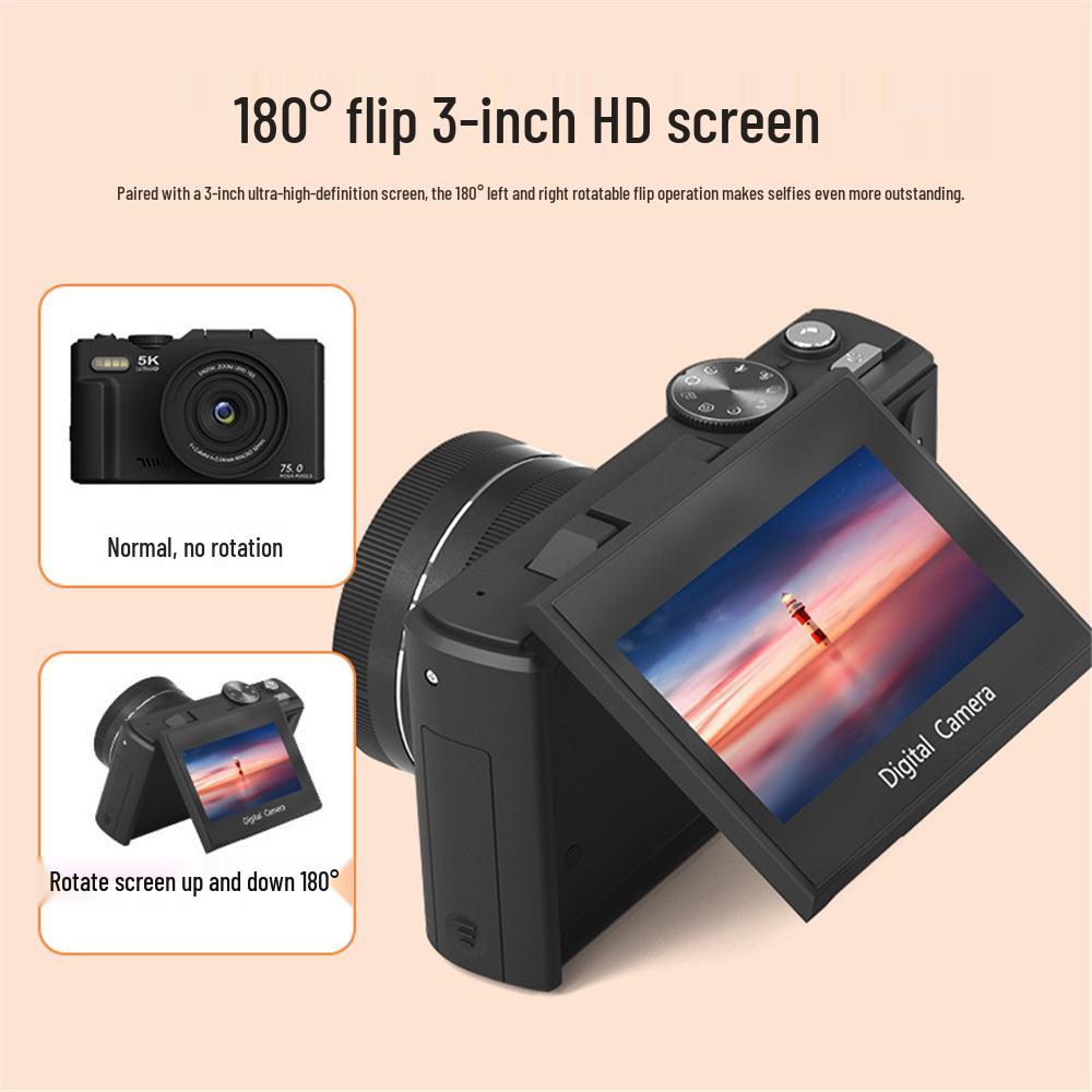 5K HD Flip Screen Camera WD08 with WiFi, Autofocus, Beauty Filters, Retro Mirrorless Design.