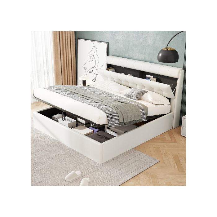 Lit - MUVOE - 140x190 - Lit hydraulique - Rangement caché - Design moderne blanc