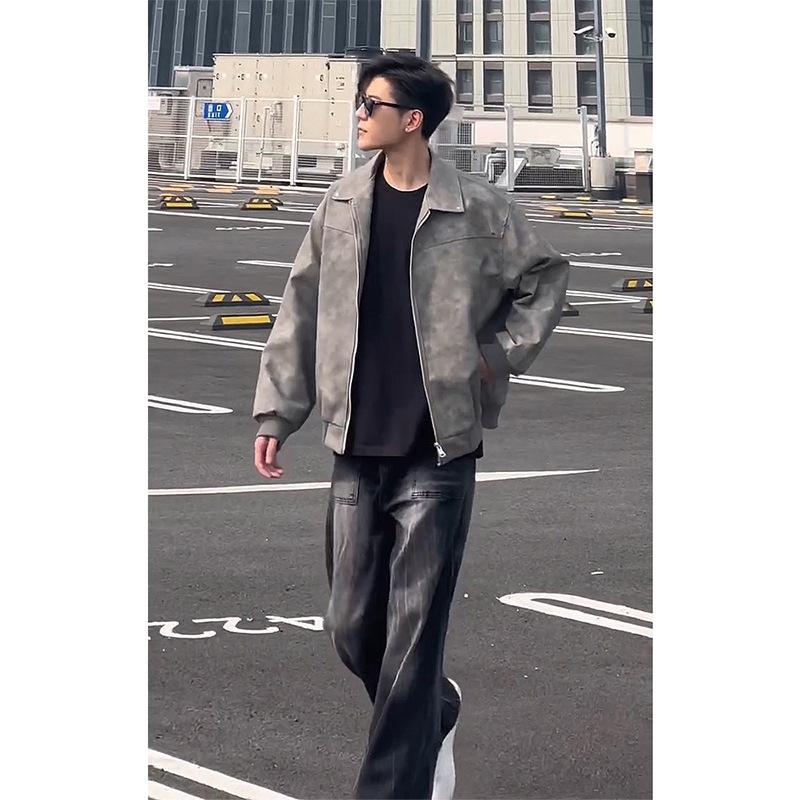 Cleanfit gray short leather jacket American ruffian handsome high-end men's vintage lapel locomotive leather jacket