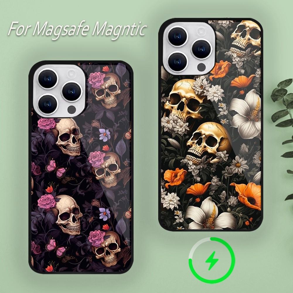 Роскошный чехол для телефона Skull Dead Flowers для iPhone 15 14 13 12 11 Plus Pro Max Magsafe Magnetic Wireless Charger