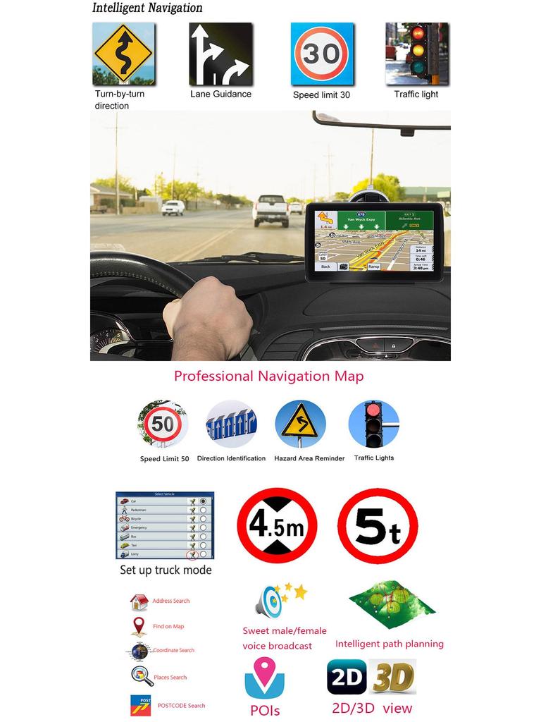 5-дюймовый портативный автомобильный GPS-навигатор с 8G HD-картами для Европы и США, универсальный для легковых и грузовых автомобилей, включает FM.