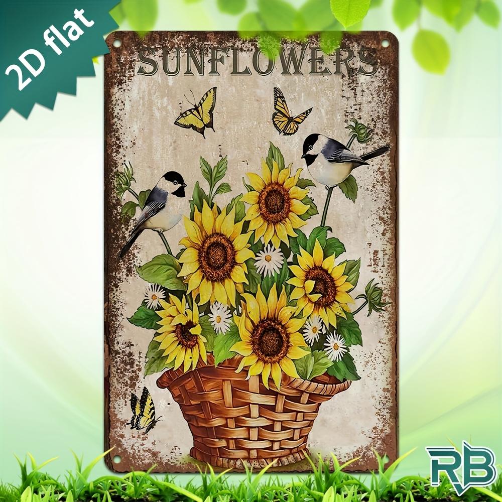 New Trendy HD Metal Wall Art Vintage Retro Sunflowers D Flat Design Rustic Country Style Illustration with Wicker Basket B