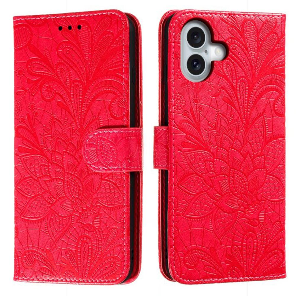 For iPhone 16 Case Lace Flowers PU Leather Flip Wallet Phone Cover - Grey