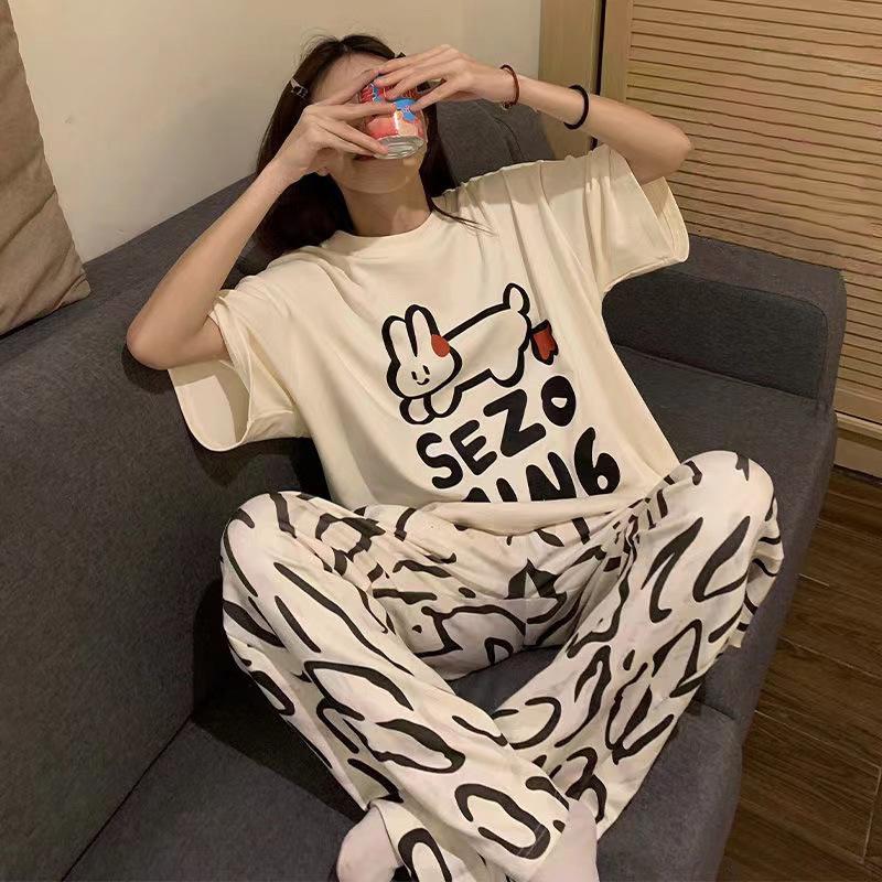 Женский летний мультяшный пижамный комплект - Круглый вырез, Короткий рукав, Легкие брюки для весны и осени
