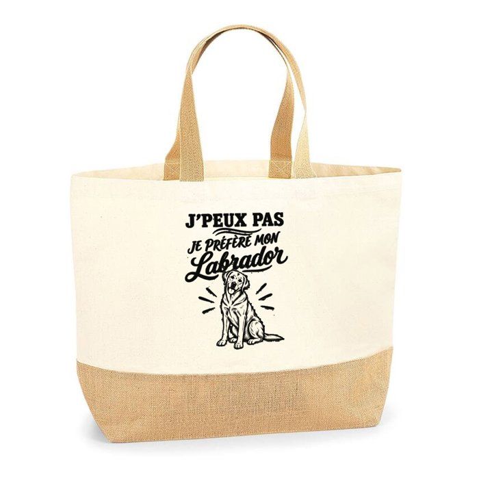 Sac J’peux pas je préfère mon Labrador J'peux pas minimaliste | Cabas en Coton avec Fond Jute 18 L 48 × 37 × 13 cm | Marché