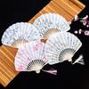 Chinese Classical Folding Fans Beautiful Tassel Flower Decorative Fans Bent Wood Rib Fans Woman Summer Folding Fans