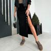 Women Denim Skirt High Waist Buttons Placket Solid Color Midi Skirt Irregular Slit Design Mid-calf Length Skirt