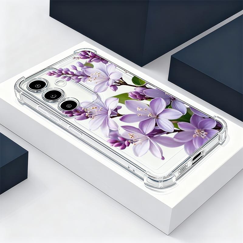 Сине-фиолетовый чехол с цветами для Samsung Galaxy S26 S25 S24 Ultra S23 S22 Plus S21 FE A54 A15 A25 A35 A55 A16 A26 A36 A56 A17 A37 A57 5G Прозрачный мягкий чехол