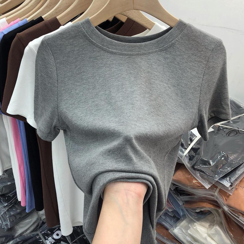 Summer 2025 Women's Slim Fit Round Neck Short Sleeve T-Shirt - Versatile Solid Color Top