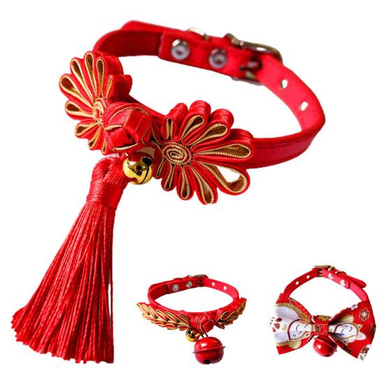 Ошейник для собак с китайским узлом, декоративный полиэстер, ошейники для домашних животных, кошек и собак с колокольчиком