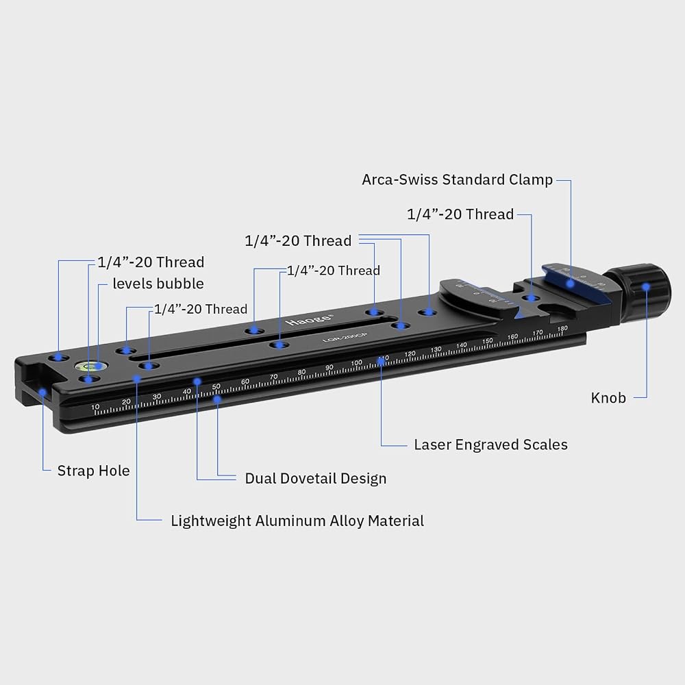 Haoge 200mm Nodal Slide Double Dovetail Focus Rail Plate with Metal Quick Release Clamp, 70mm Plate, for Camera Panorama Close-up Macro Photography, A