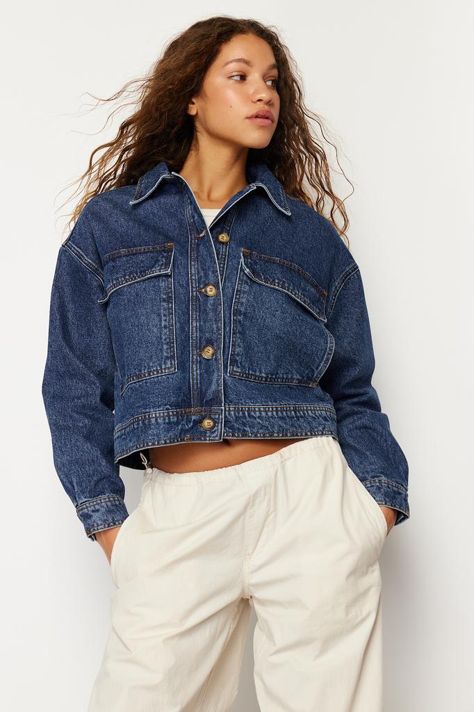 Women's Fashion New Jacket Dark Blue More Sustainable Pocket Detailed Denim Jacket