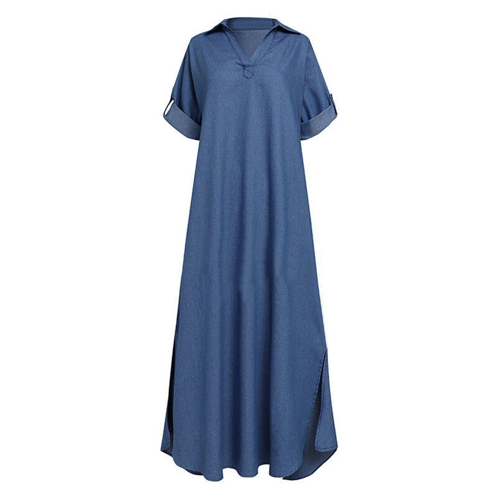 Women Casual Solid Denim Dress V-Neck Roll Sleeve Button Loose Long Dress
