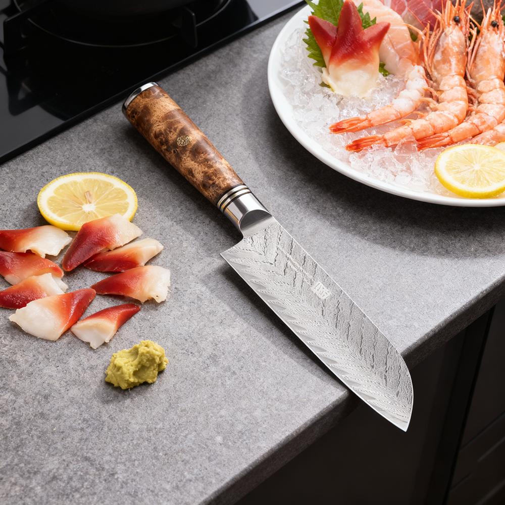 FINGKING 6.9 Inch Santoku Knife 67-layers Damascus Steel Blade Sapele Wood Handle Slicing Vegetables Cleaver Meat Kitchen Knives