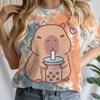 Women's Clothing Tie Dye Animal Graphic Lover Gift Shirt Tee Capybara Kawaii Cartoon T-shirts Crew Neck Casual Summer Drink Tops