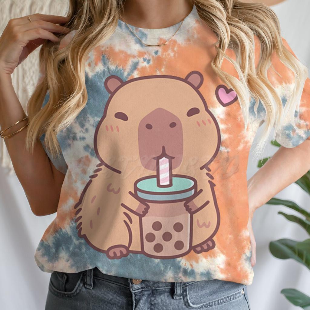 Women's Clothing Tie Dye Animal Graphic Lover Gift Shirt Tee Capybara Kawaii Cartoon T-shirts Crew Neck Casual Summer Drink Tops