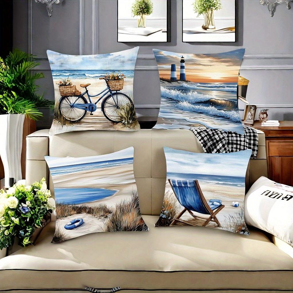 Beach Vacation Theme Digital Printing Pillow Cover Short Plush Suitable Living Rooms Bedrooms Sofas Throw Cushion Cover 4Pcs