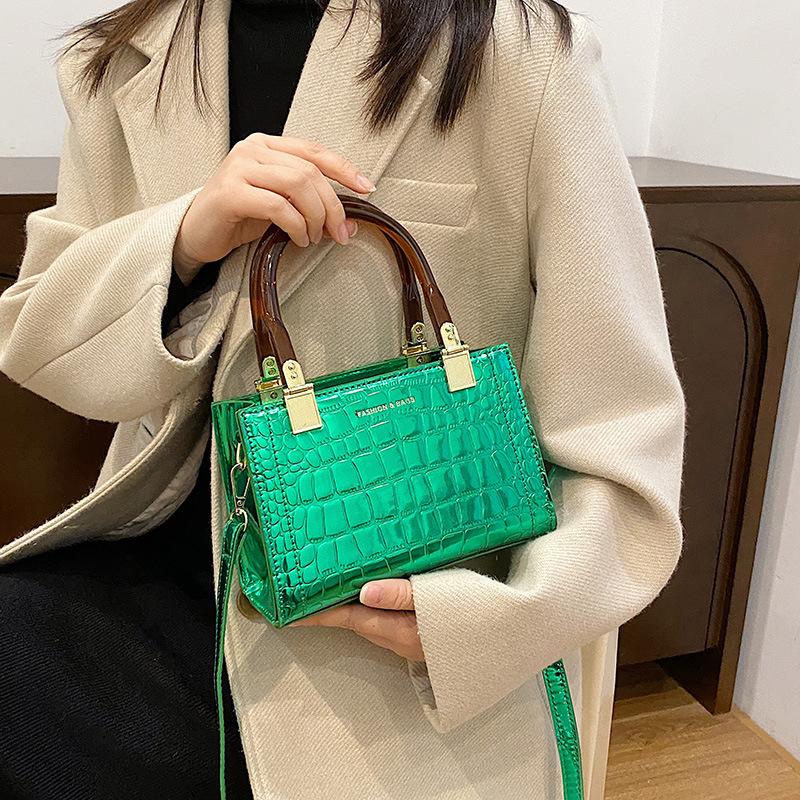 Small Square Polished Leather Women's Bag Stone Shoulder Bag Crossbody for Night Party Feminine Fashion New