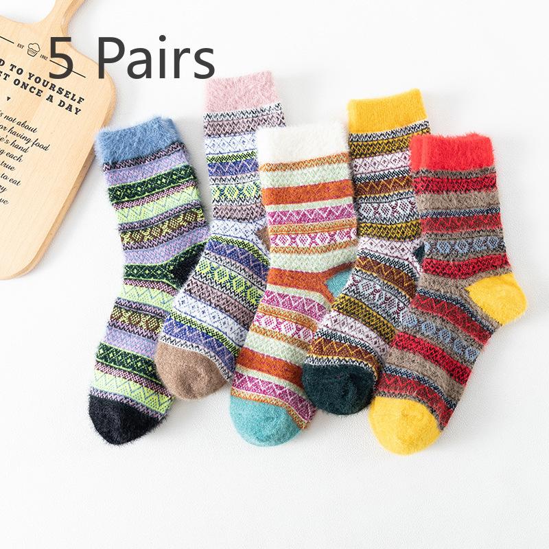 5 Pairs of Female Autumn and Winter Imitation Mink Wool Thick Warm Ethnic Rabbit Wool Tube Socks