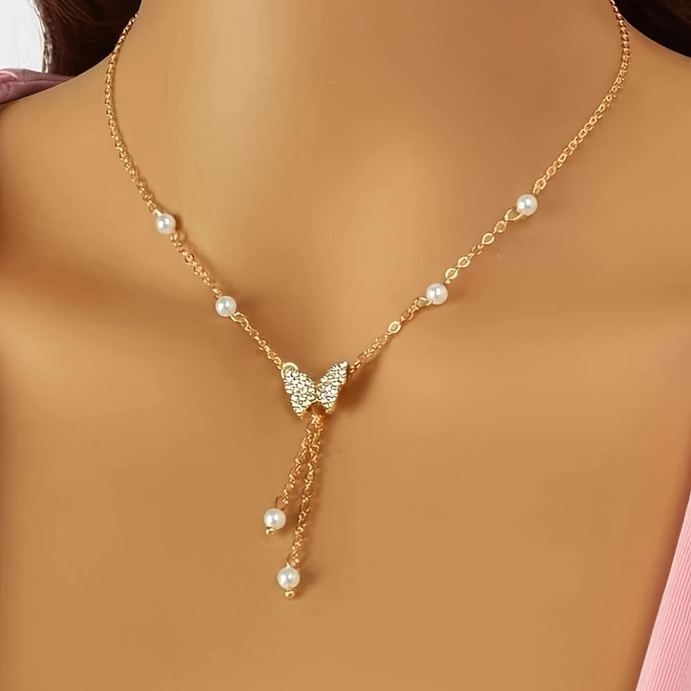 Elegant Rhinestone Butterfly Pendant Necklace Simple Thin Metal Chain Choker Necklace Women's Trendy Party Neck Jewelry