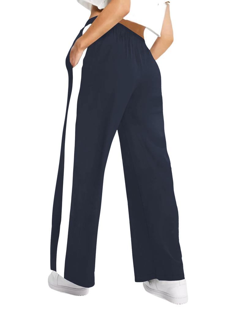 Contrasting Colour Block Elastic Waist Wide-leg Pants Casual Straight-leg Pants for Women Wide-leg