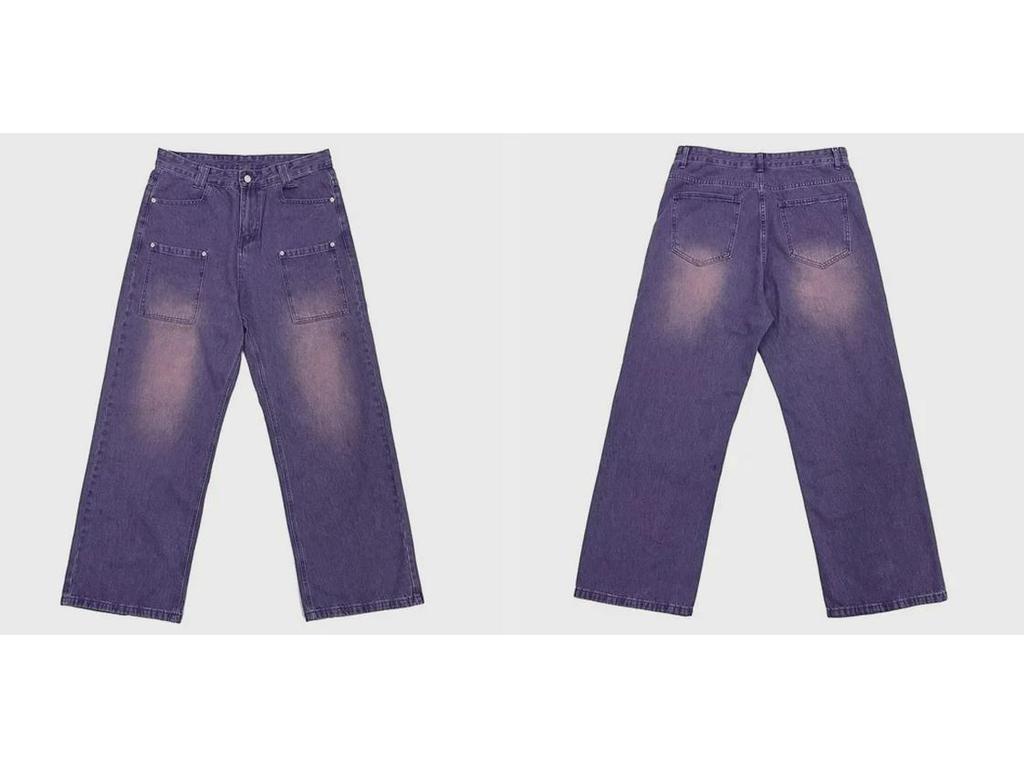 2023 Мужские джинсы в стиле ретро с широкими штанинами фиолетового цвета - Американская уличная мода в стиле хип-хоп