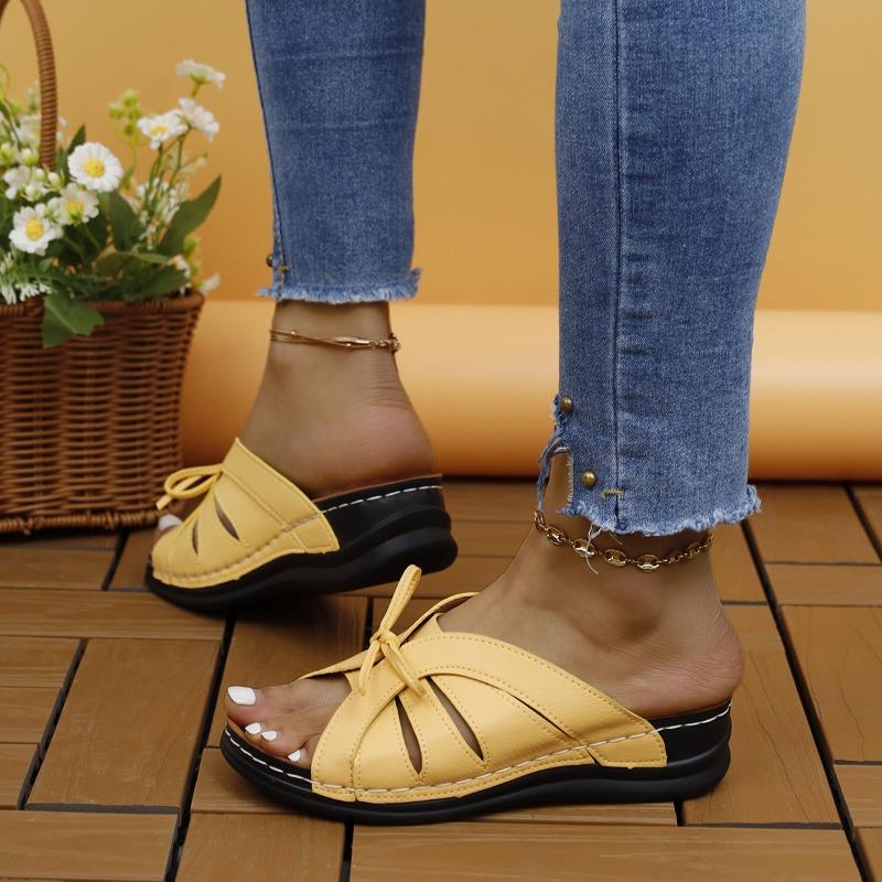 2024 Women's Summer New Fashion Hollow Bow Designer Sandals Outdoor Casual Open-Toe Beach Shoes Shallow Slip-on Wedge Slippers