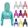 Girls Hip Hop Jazz Dance Performance Costume Asymmetrical Hem Metallic Hoodie Long Sleeve Cropped Top