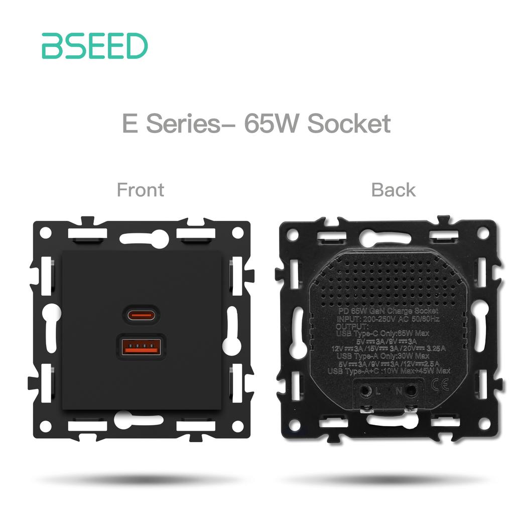 BSEED Switch DIY Modules Light Switch Parts Black Glass/Plastic Frame DIY Combination Wall Sockets TV CAT6 USB-C Charge Key