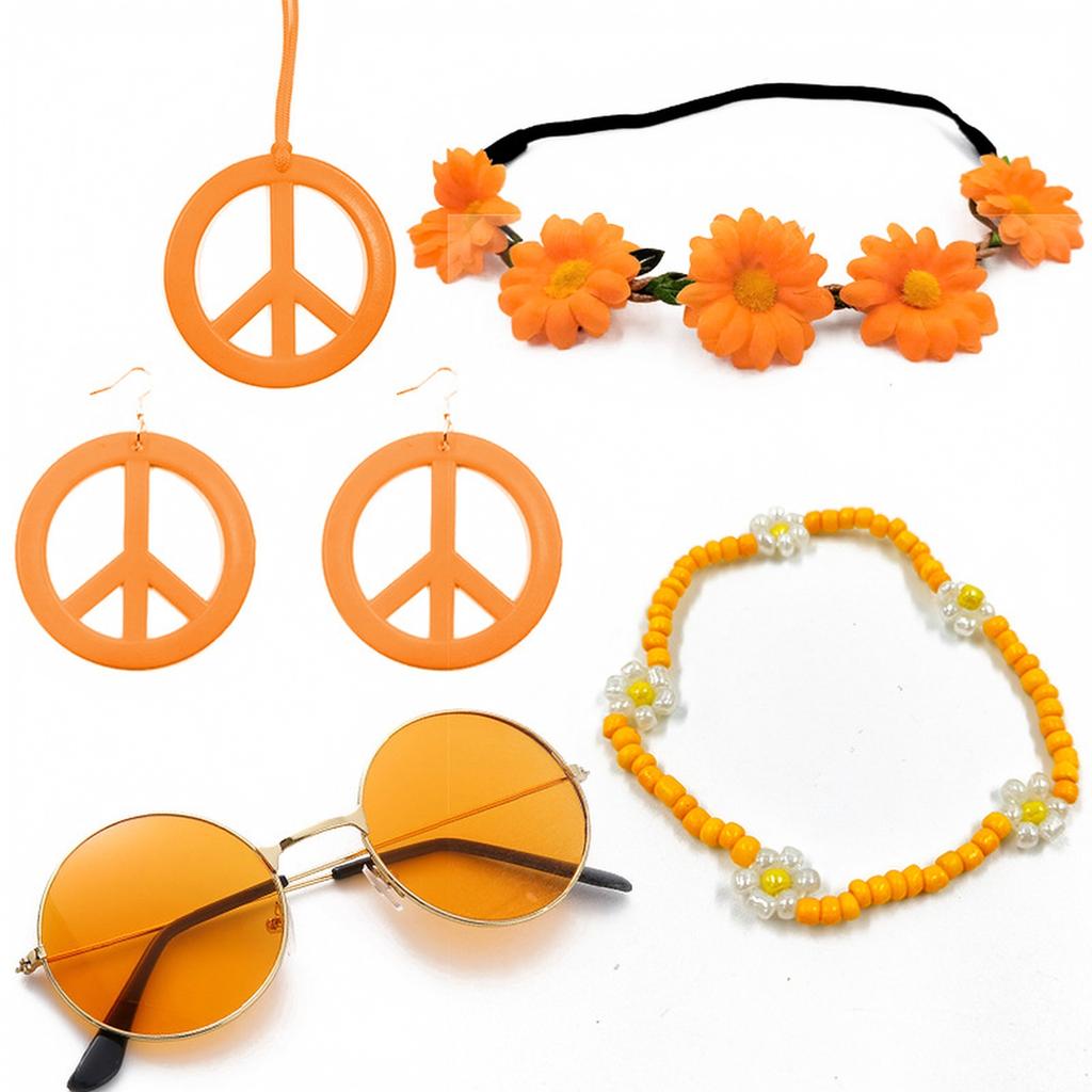 Bohemian Hippie Glasses, Sign Earrings and Necklace Set, Flower Headband for Women Festival Costume Accessories