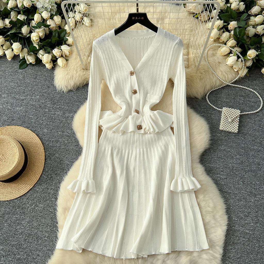 Элегантные вязанные винтажные шикарные платья с V-образным вырезом и длинными рукавами, облегающие платья для офисных леди во французском стиле, одежда для улицы, осень-зима