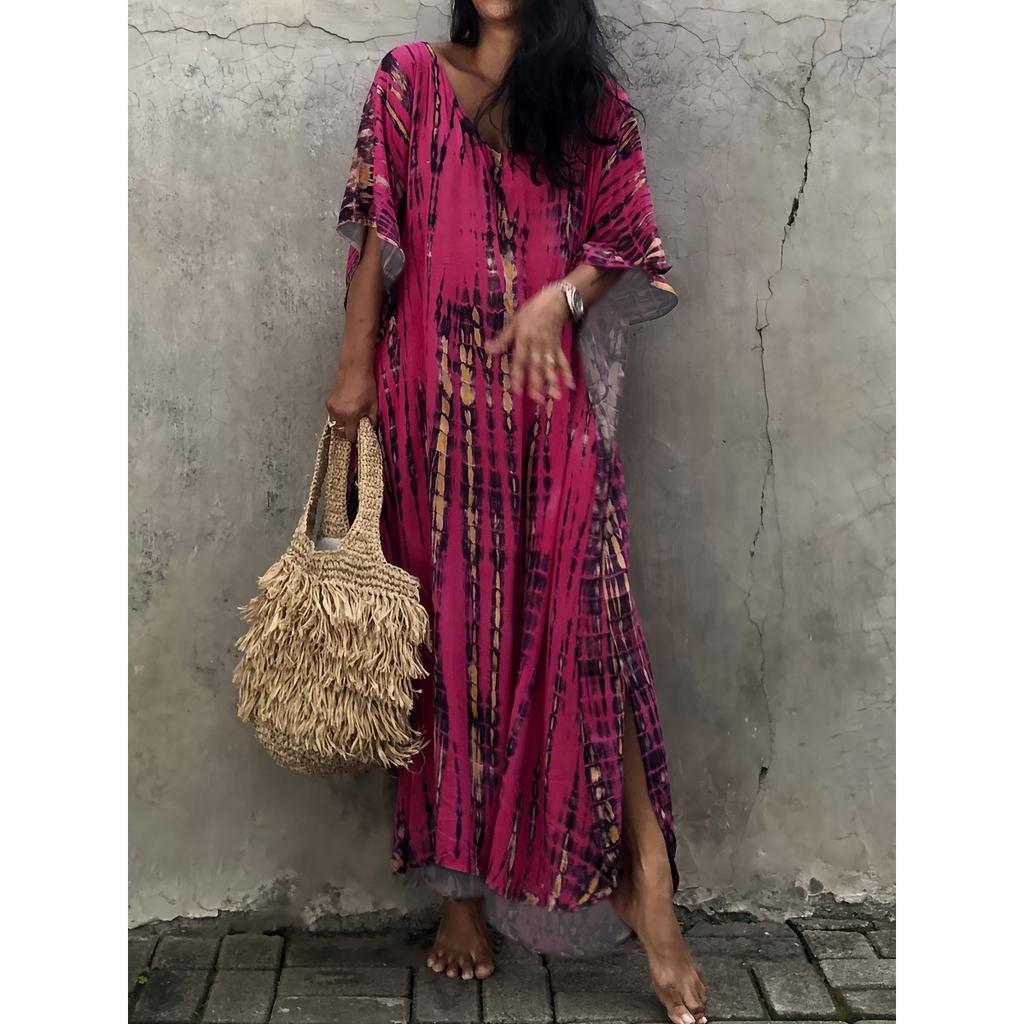 Plus Size Boho Cover Up, Women's Plus Striped Batwing Sleeve V Neck Split Maxi Kaftan Cover Up Dress