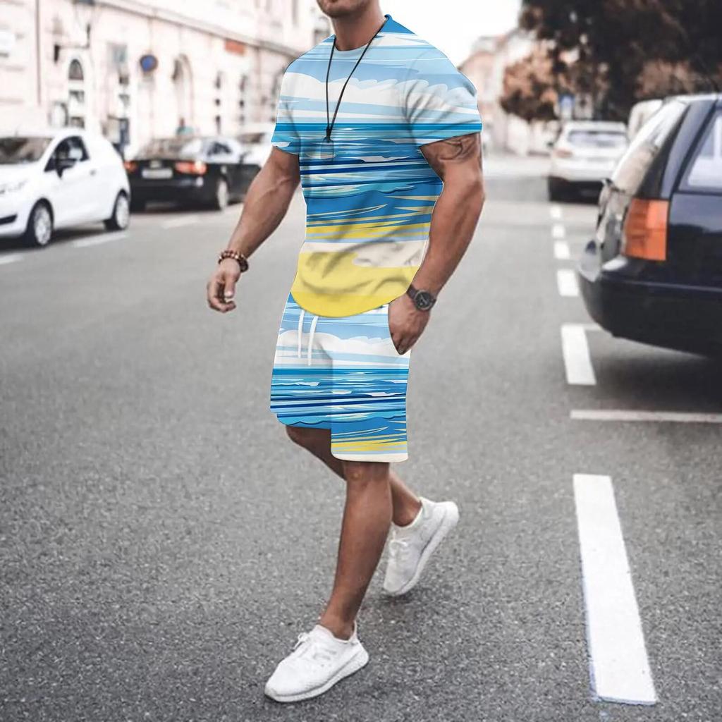 Летние модные мужские комплекты из 2 предметов, спортивные костюмы, повседневные футболки с короткими рукавами и 3D принтом + шорты, брюки, костюмы, мужская одежда, наряд