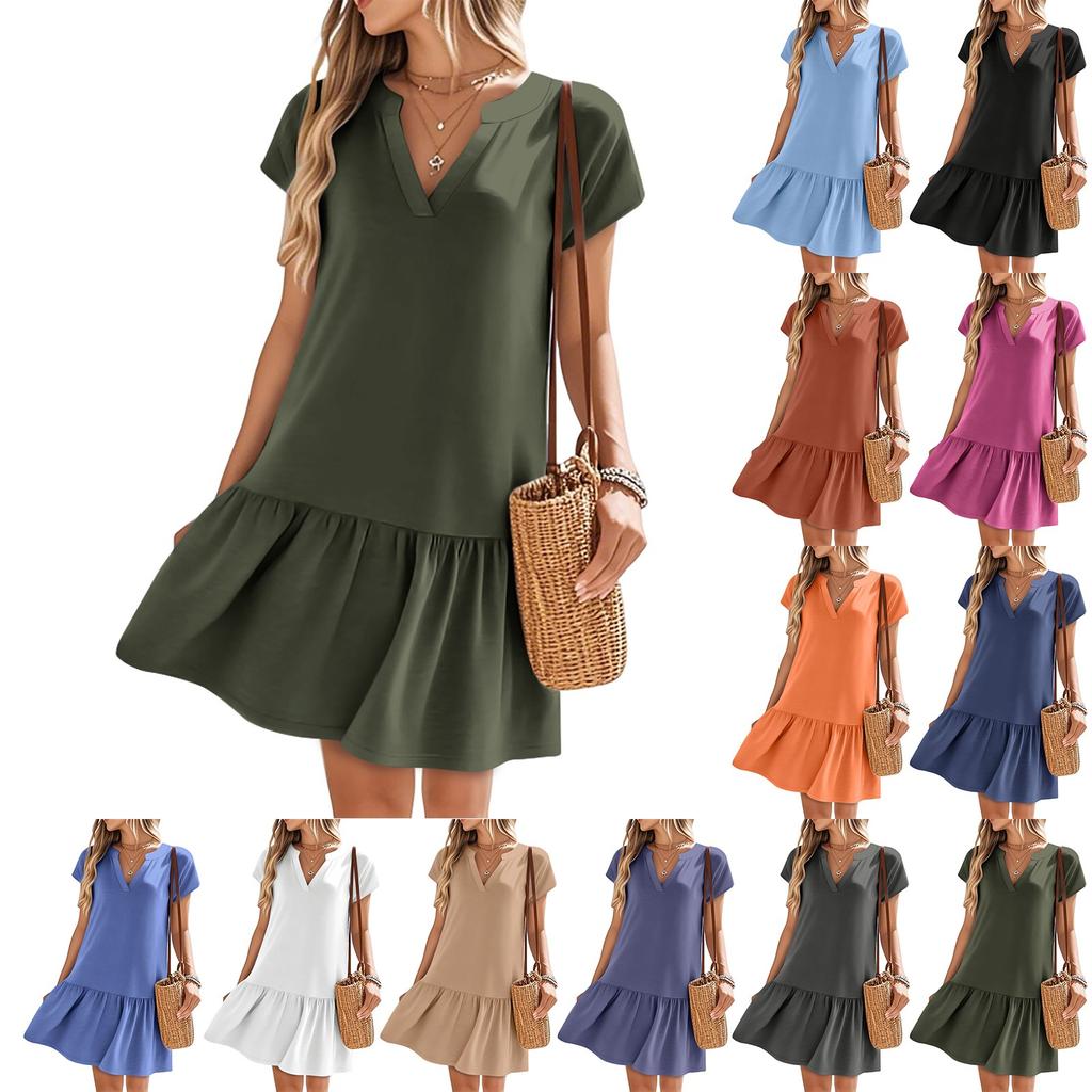 Women's Dresses Short Sleeve V-Neck Solid Color Loose Casual Temperament Beach Dresses