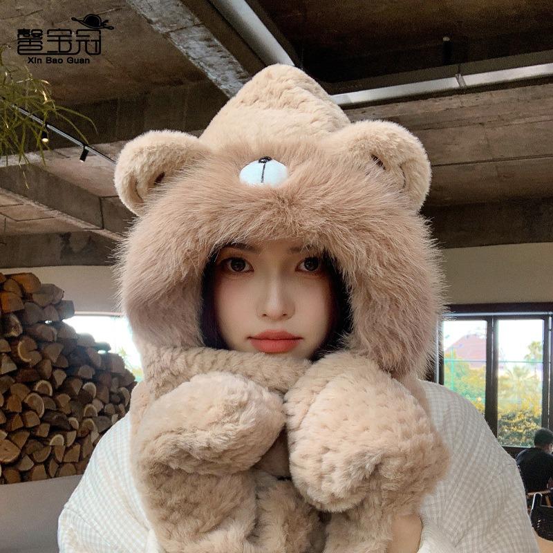 Плюшевая шапка, шарф, перчатки, интегрированная шапка, женская милая модная шапка-пуловер с защитой ушей, зимний теплый и холодный комплект из трех предметов