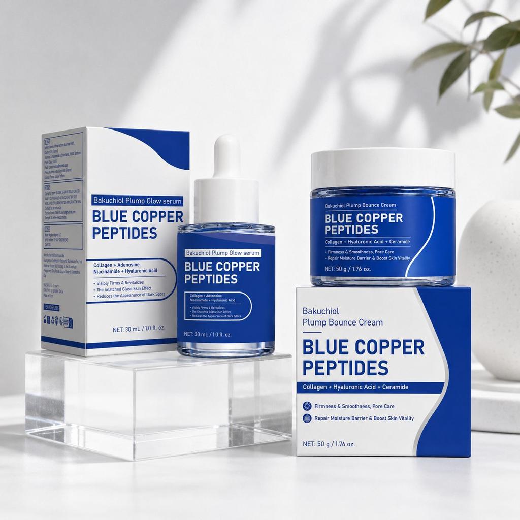 Blue Copper Peptide Bakuchiol Serum Face Cream Set, Anti-Aging Repair Moisturizing, Unisex Packaging