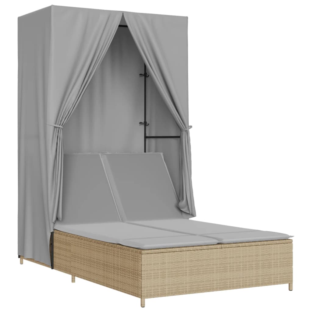 Double Sun Lounger with Canopy and Curtains Beige Poly Rattan