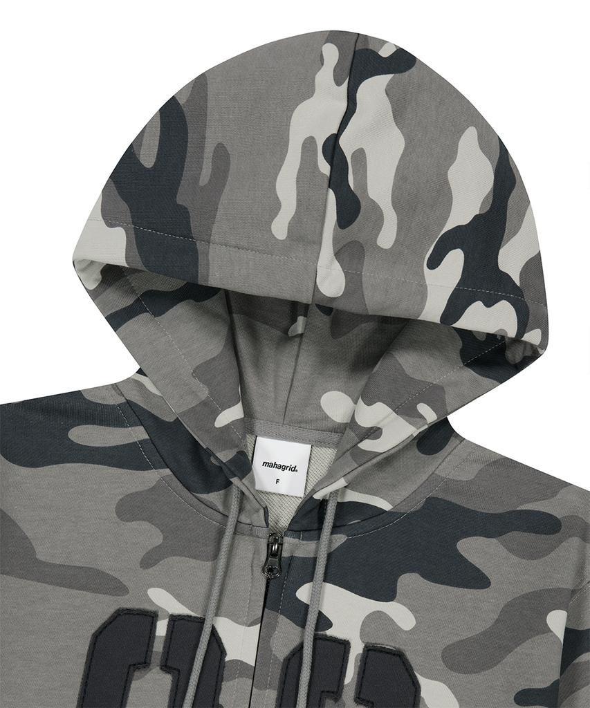 Mahagrid Camo Applique Crop Zip Up Hoodie Gray(Mg2Fffm493A)