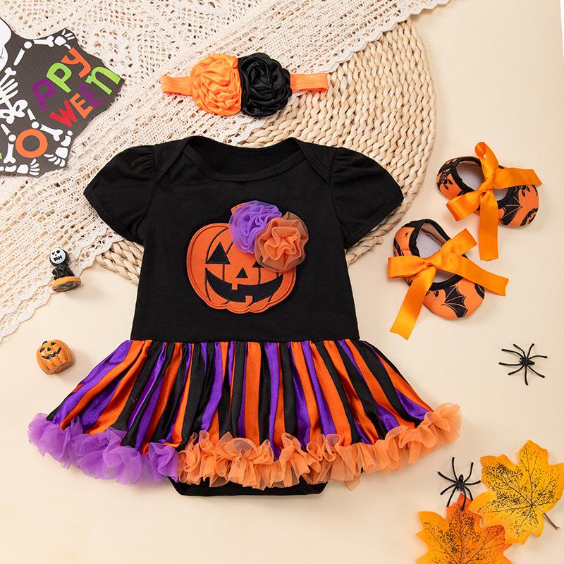 Оранжевые тыквы детские костюмы на Хэллоуин для девочек комплекты одежды для новорожденных кружевной комбинезон Petti детская обувь повязка на голову 3 шт. детская одежда