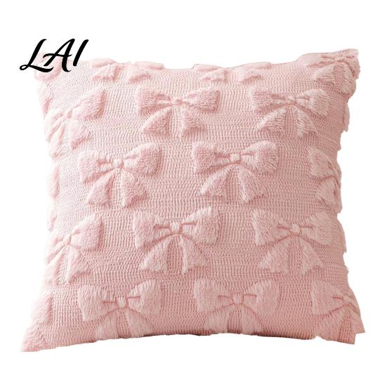 Soft Plush Cushion Cases Throw Pillow Cover Heart Embroidery Case with 3D Bowknot Jacquard Decorative Pillows for Anniversary Fluffy Couch