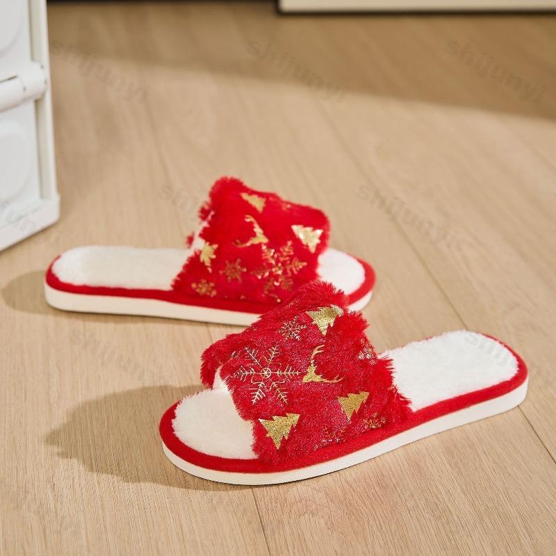 Модные рождественские плюшевые тапочки для пары, зимняя мода, женские теплые домашние тапочки для помещения, легкие, удобные, с мягкой подошвой, мужские хлопковые тапочки