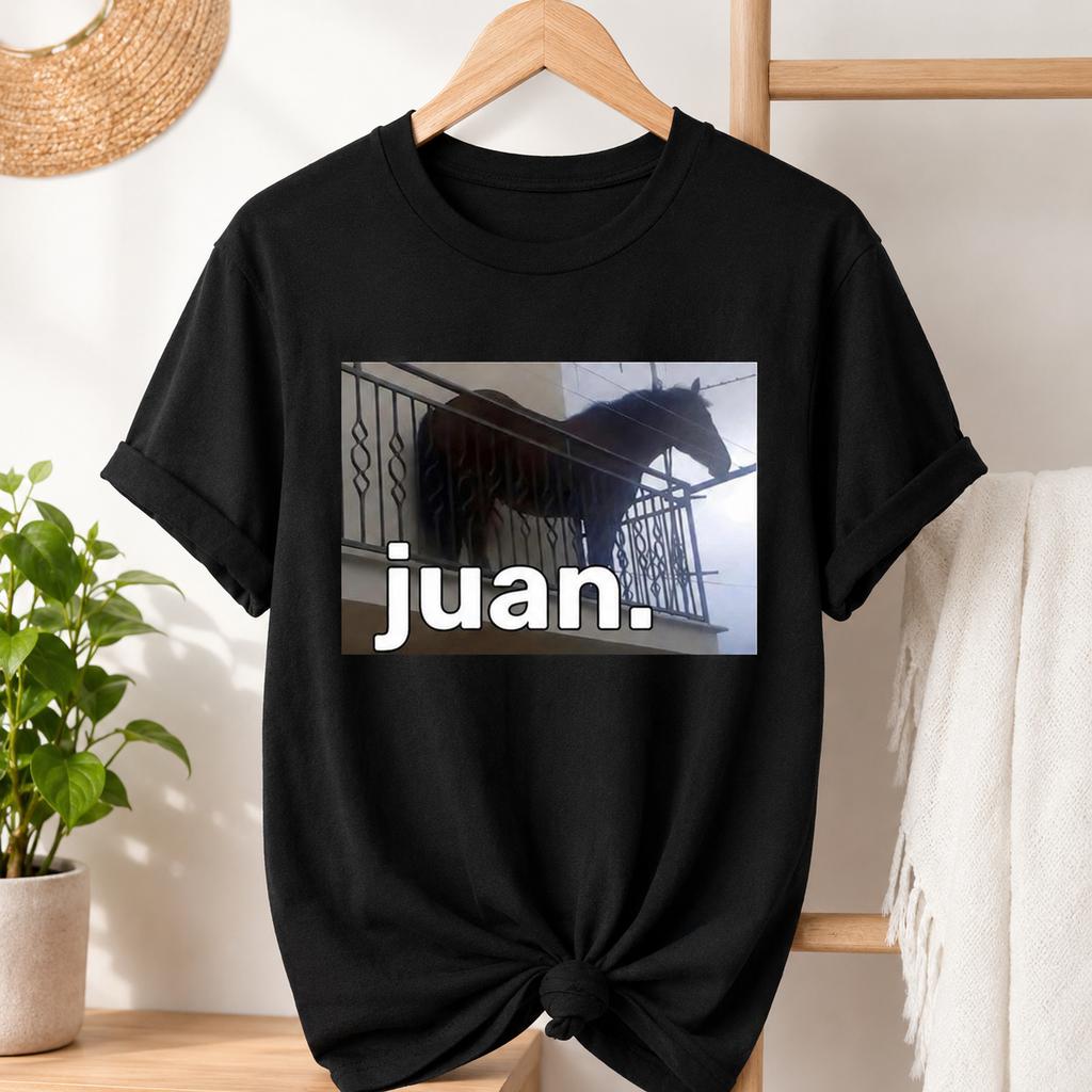 Juan Silly Horse on Balcony Dank Meme Pattern T-shirt Funny Unisex's Round Neck Casual Short Sleeve T-shirt Summer Top