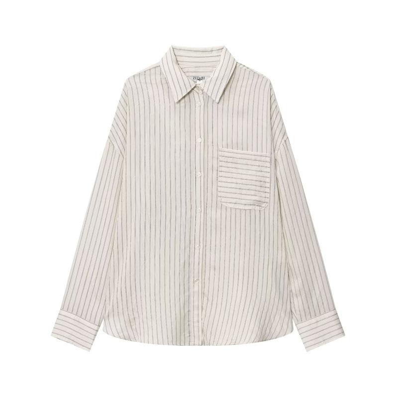 Z home 1116 autumn new European and American style women's fashion casual loose striped lapel long-sleeved shirt 9179177