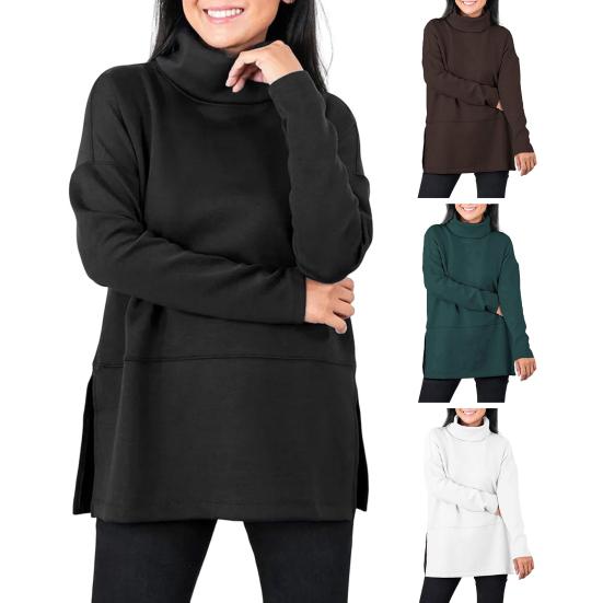 Женская толстовка с полувысоким воротником и разрезом по низу, однотонная плотная одежда больших размеров, длинный рукав, однотонный пуловер, сохраняющий тепло, повседневный топ