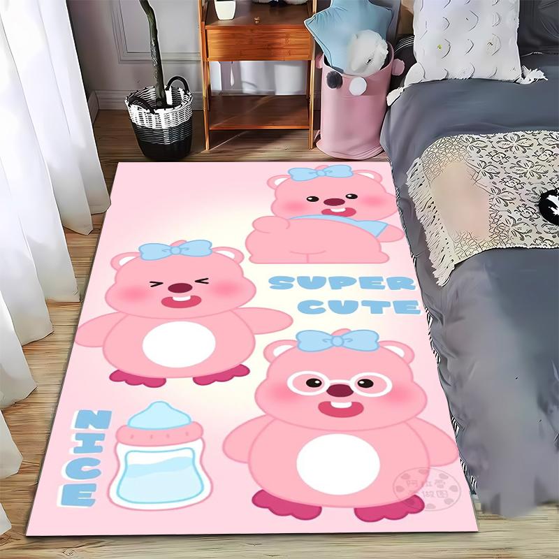 Pink Cartoon Bear Pattern Carpet with "Super Cute" and "Nice" Text Suitable for use as an anti-slip for living room bedroom sofas